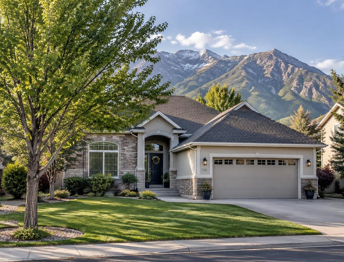 Well-kept single-family home in a Utah neighborhood with mountains behind